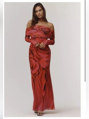 AFRM Long Sleeve Off the Shoulder Mesh Maxi Dress